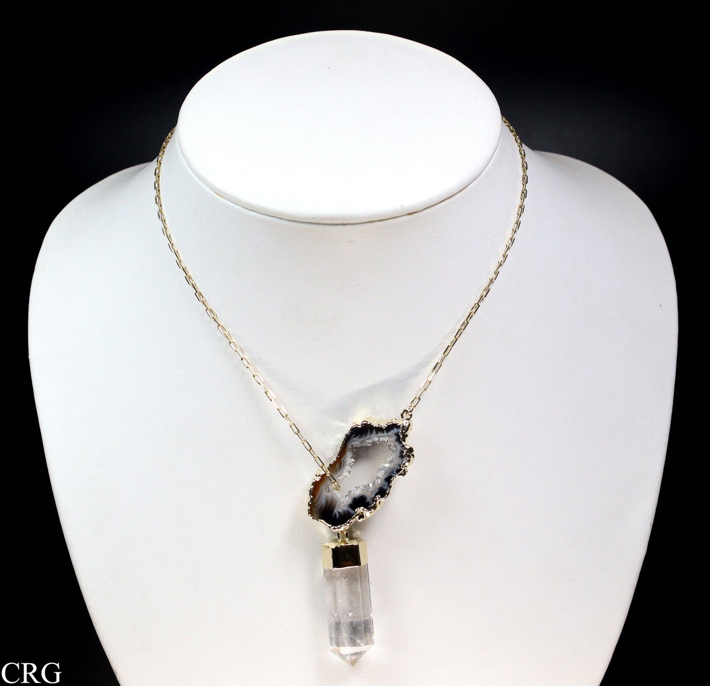 Oco Geode Pendant with Gold Plating and Quartz Point on Y-Chain Necklace / 2-3" AVG