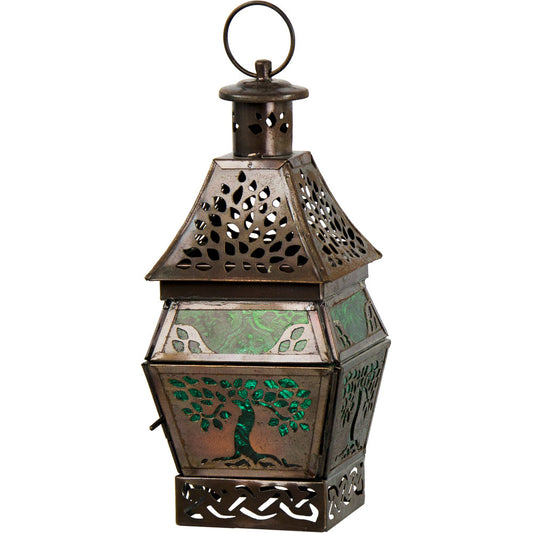 Glass & Metal Lantern Tree of Life Green