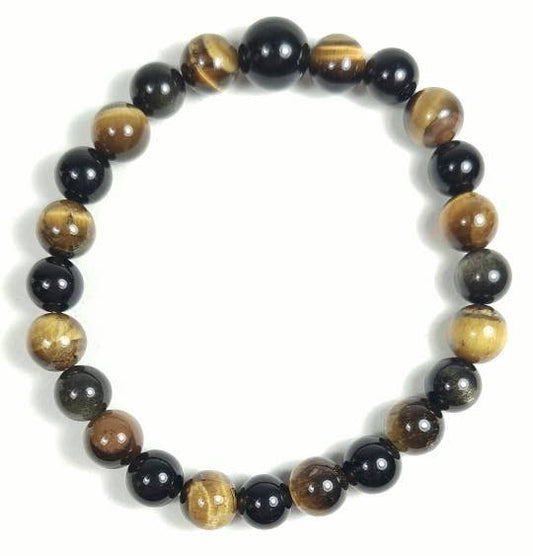 Long Size Tiger Eye & Black Obsidian Beaded Bracelet 8mm