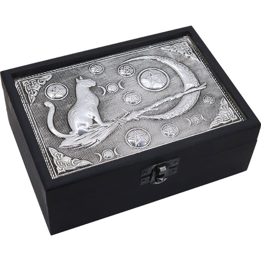 Crescent Moon with Cat & Broom Velvet Lined Metal Top Wooden Box