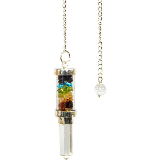 Glass Tube Pendulum w/ Chakras Chips & Crystal Point