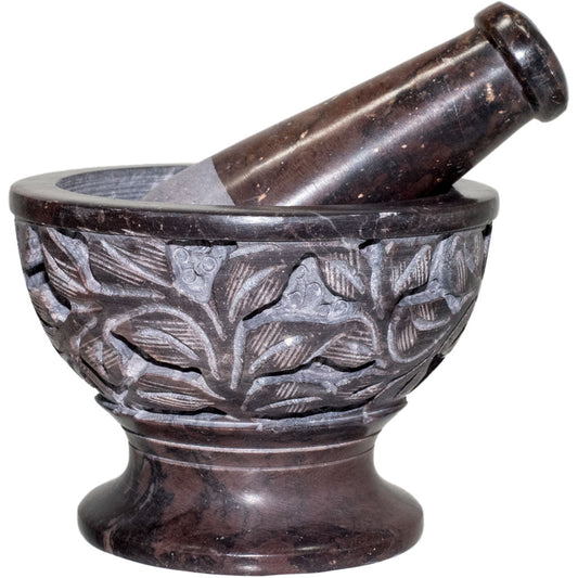 Soapstone Mortar & Pestle Carved Leaves Natural