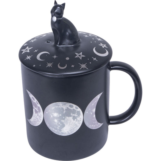 Multi Purpose 3 in 1 Ceramic Coffee Mug Candle & Incense Holder - Moon Phases w/ Black Tourmaline