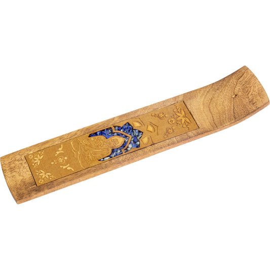 Laser Etched Wood Incense Holder Buddha w/ Sodalite Inlay