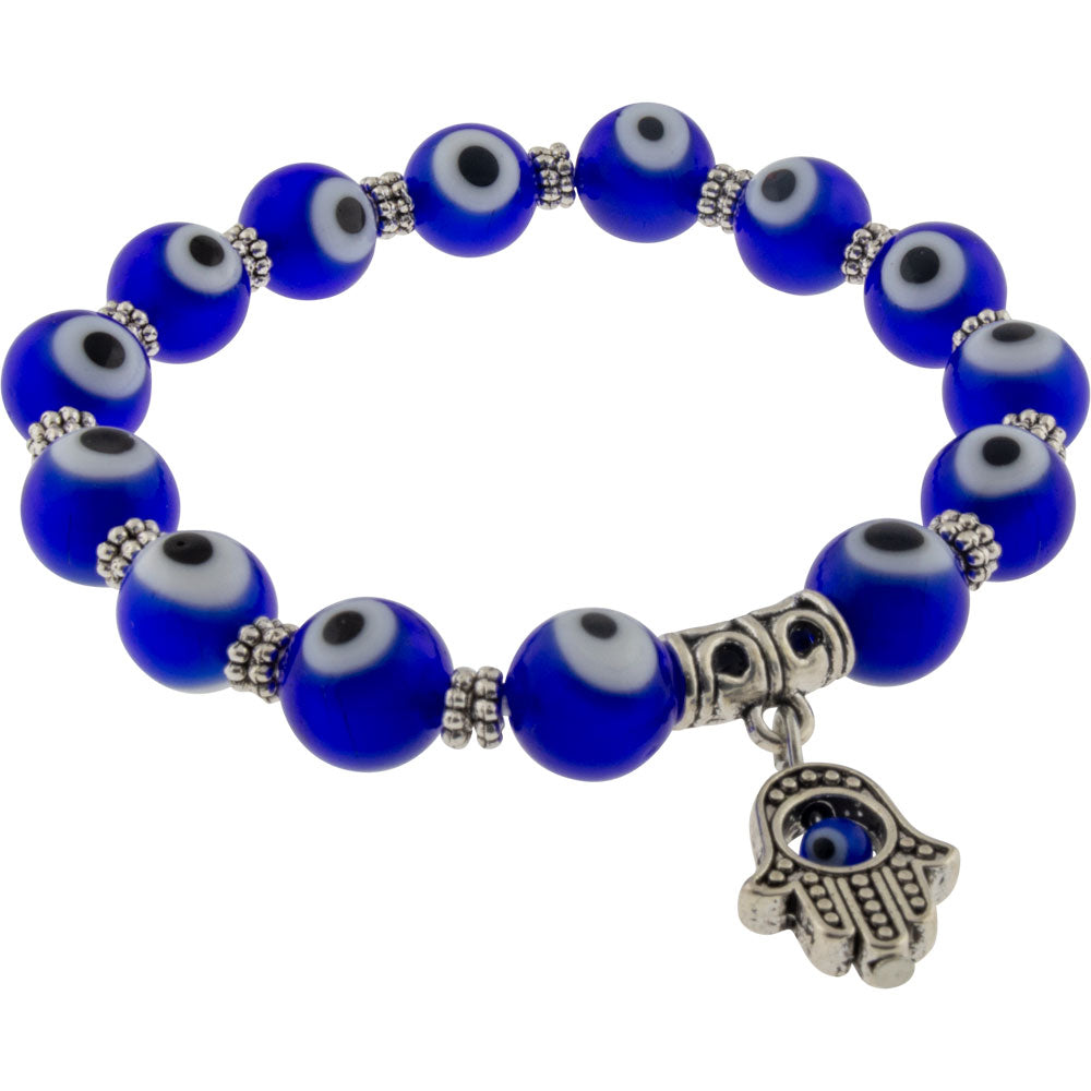 Glass Beads Elastic Bracelet Evil Eye Protection Cobalt Blue w/ Fatima Hand