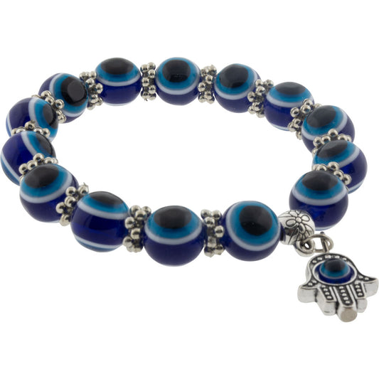 Evil Eye Protection Cobalt Blue w/ Hanging Fatima Hand Elastic Bracelet