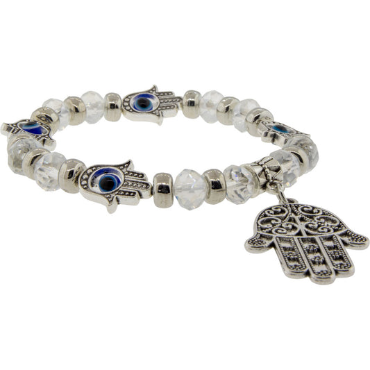 Glass Beads Elastic Bracelet Clear w/ Evil Eye Fatima Hand