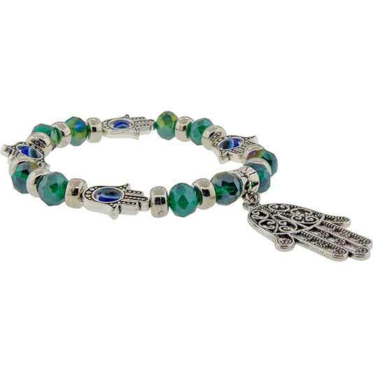 Glass Beads Elastic Bracelet Green w/ Evil Eye Fatima Hand