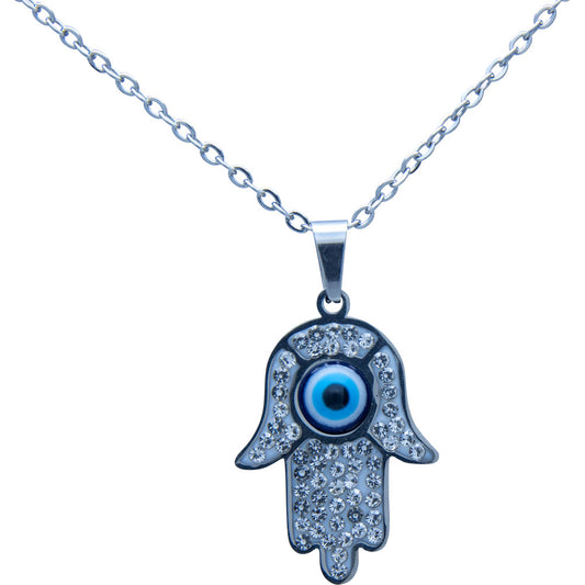 Evil Eye Protection Necklace - Fatima Hand w/ Gems Silver