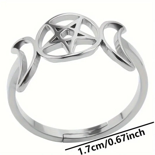 Triple moon pentacle adjustable ring