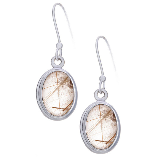 Gold Rutilated Quartz Simple Oval Earrings Sterling Silver