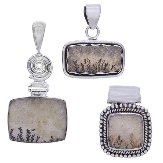 Dendrite Psilomelane Agate Rectangular Pendant 23-37mm Sterling Silver