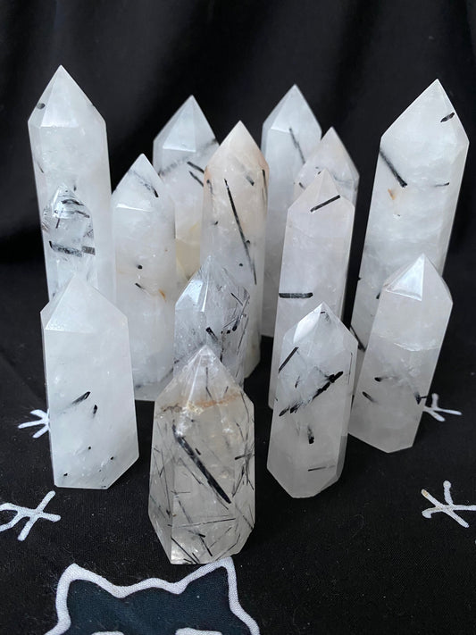 Tourmalinated Quartz Tower Point Crystal Quartz with Black Tourmaline Inclusions