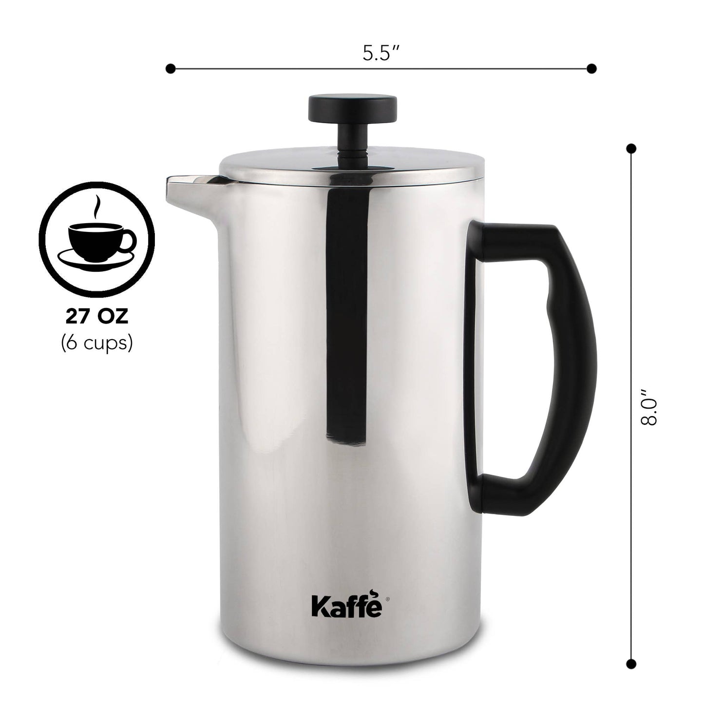 Kaffe French Press Coffee Maker. Double-Wall Stainless Steel