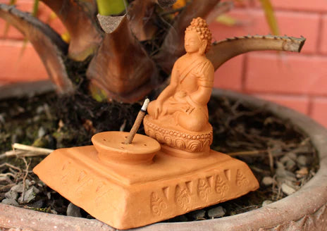 Meditating Buddha Incense Burner Terracotta