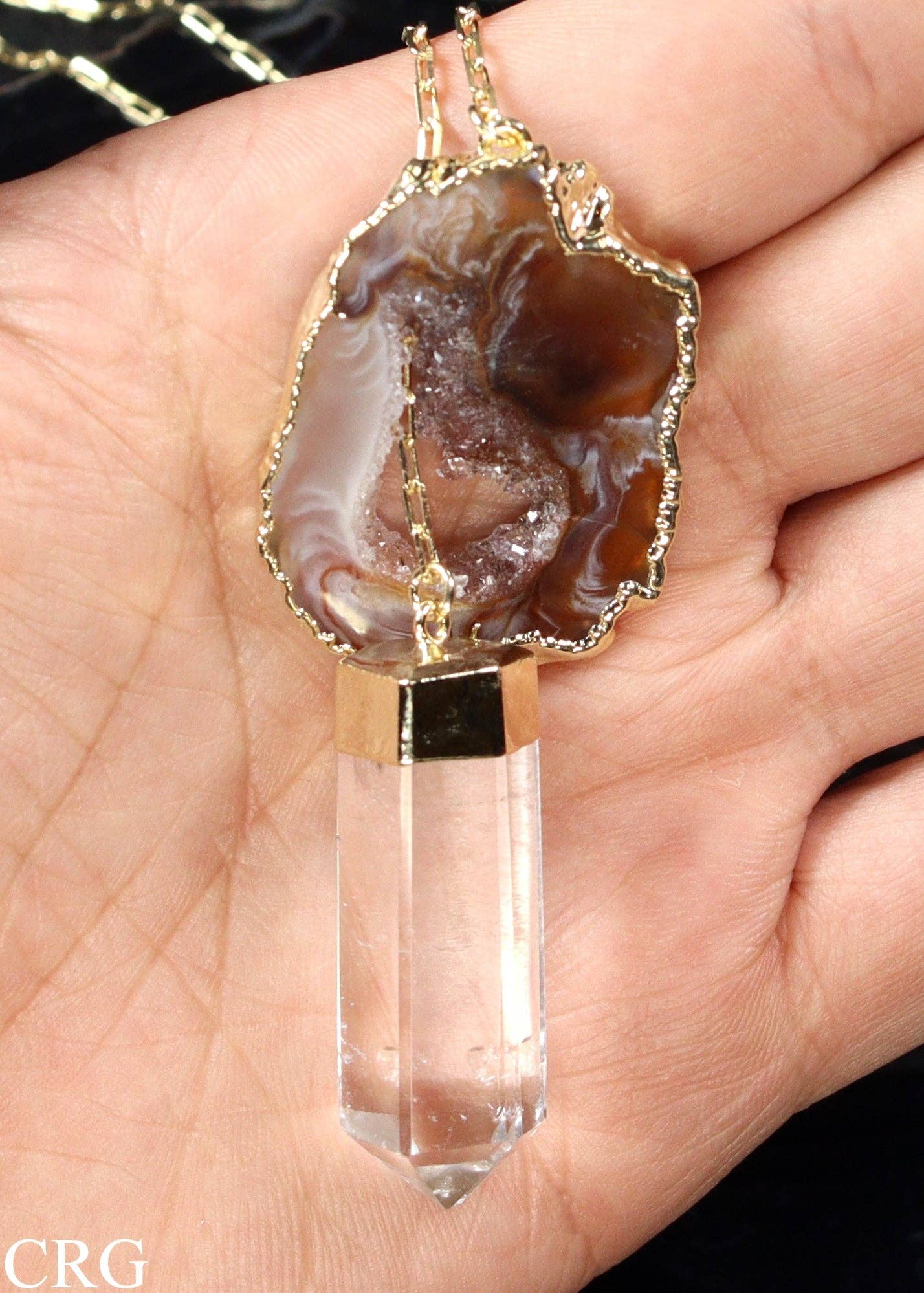 Oco Geode Pendant with Gold Plating and Quartz Point on Y-Chain Necklace / 2-3" AVG